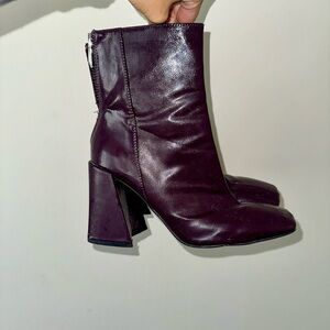 Burgundy leather block heel boots